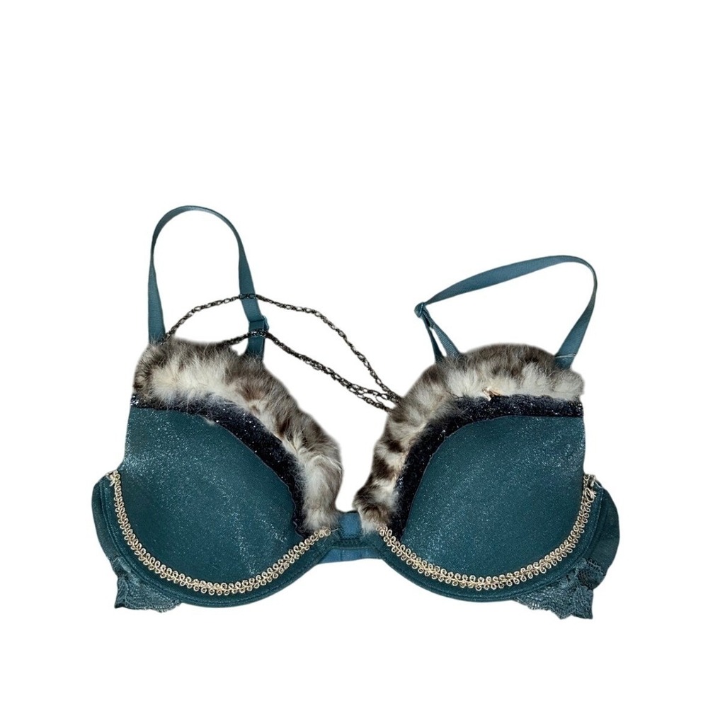 Calvin Klein Teal‎ Lace Bra 34B – DIY Faux Fur Glitter Accent Costume Lingerie